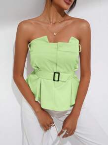 SHEIN Privé Áo nữ Thắt lưng Xếp li Dây kéo màu trơn Giải trí - Màu xanh chanh - Xem 4