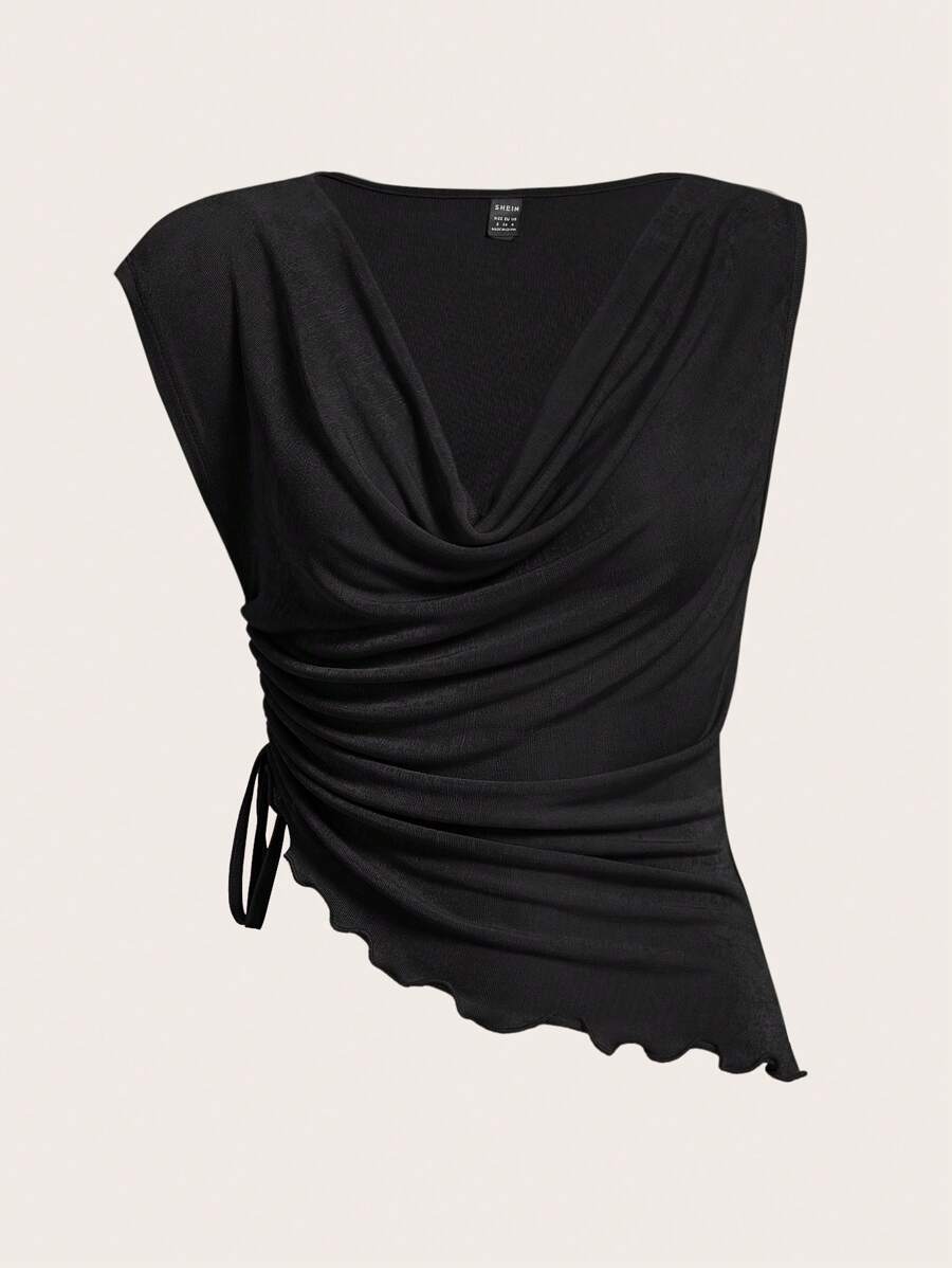 SHEIN ICON Draped Collar Drawstring Side Ruched Asymmetrical Hem Tee - Black - View 1
