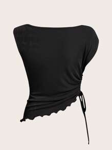 SHEIN ICON Draped Collar Drawstring Side Ruched Asymmetrical Hem Tee - Black - View 2