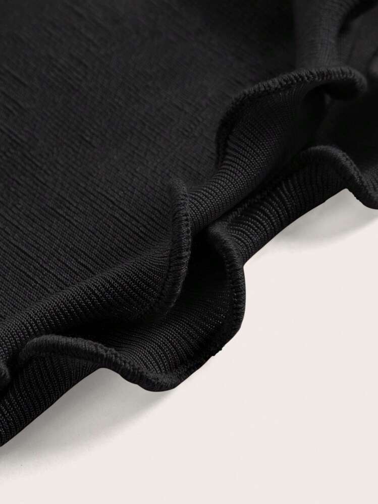 SHEIN ICON אסימטרי שרוך קשירה קישוט חסה נשפך פשוט קז'ואל חולצת טי - שחור - ראה 4