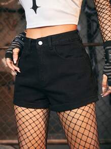 ROMWE Grunge Punk 交叉刺繡牛仔短褲 - 黑色 - 查看 3