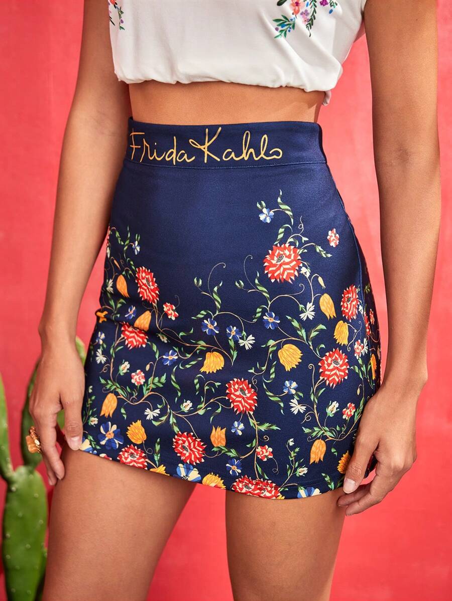 Frida Kahlo X SHEIN Floral & Letter Print High Waist Bodycon Skirt Summer - Multicolor - View 1
