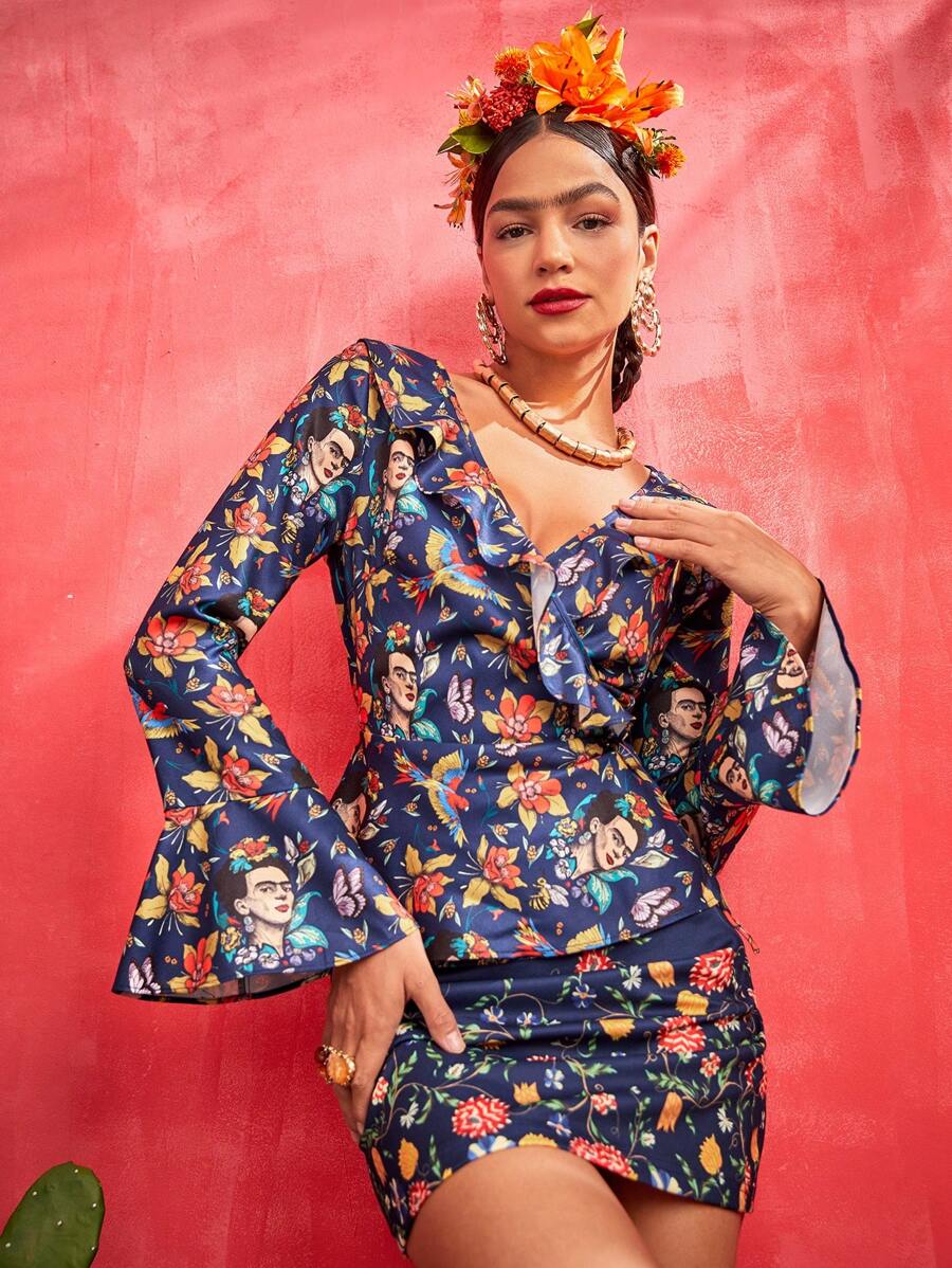 Frida Kahlo X SHEIN 人像和花卉圖案荷葉邊荷葉袖襯衫 - 彩色 - 查看 1