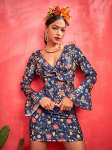 Frida Kahlo X SHEIN 人像和花卉圖案荷葉邊荷葉袖襯衫 - 彩色 - 查看 3