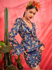 Frida Kahlo X SHEIN 人像和花卉圖案荷葉邊荷葉袖襯衫 - 彩色 - 查看 6