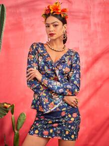 Frida Kahlo X SHEIN 人像和花卉圖案荷葉邊荷葉袖襯衫 - 彩色 - 查看 7