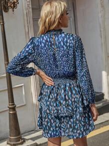 GENKIRA Allover Print Mock Neck Ruffle Hem Dress - Blue - View 2