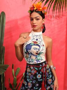 Frida Kahlo X SHEIN 人像圖案掛脖上衣 - 彩色 - 查看 1