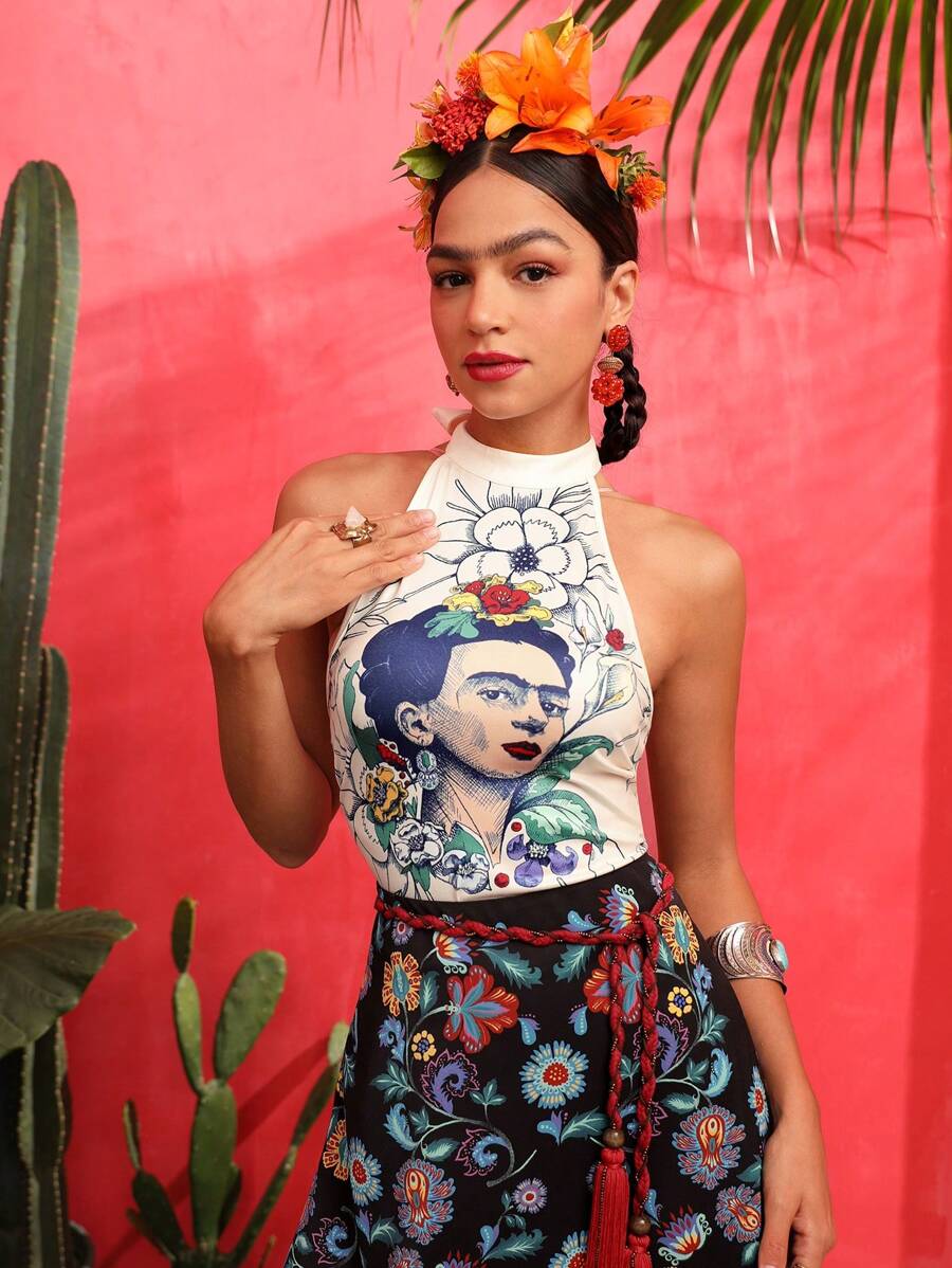 Frida Kahlo X SHEIN 人像圖案掛脖上衣 - 彩色 - 查看 1