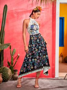 Frida Kahlo X SHEIN 人像圖案掛脖上衣 - 彩色 - 查看 5