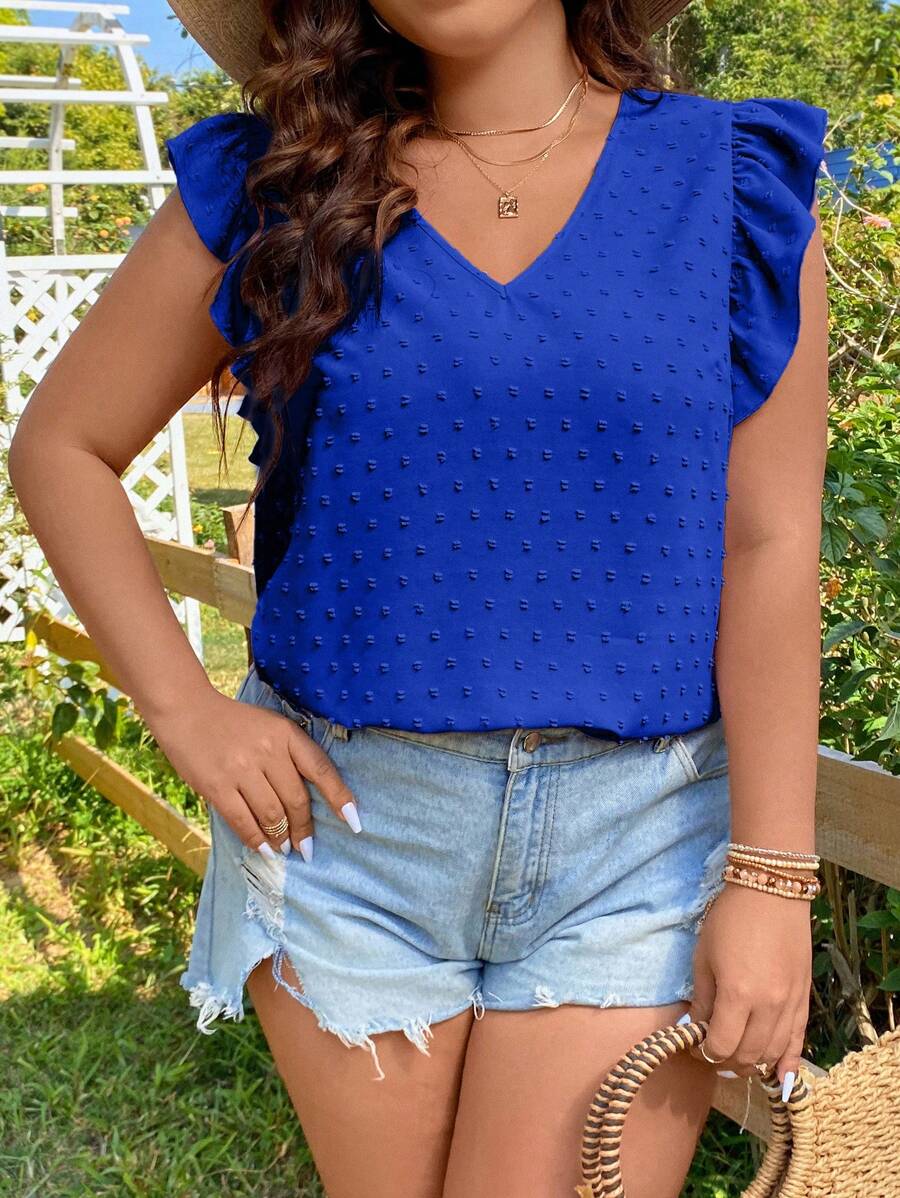 SHEIN Holidaya 大碼圓點荷葉邊襯衫 - 寶藍色 - 查看 1