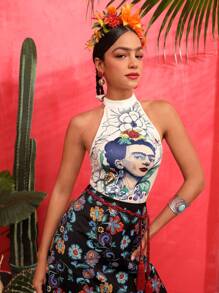 Frida Kahlo X SHEIN 人像圖案掛脖上衣 - 彩色 - 查看 6