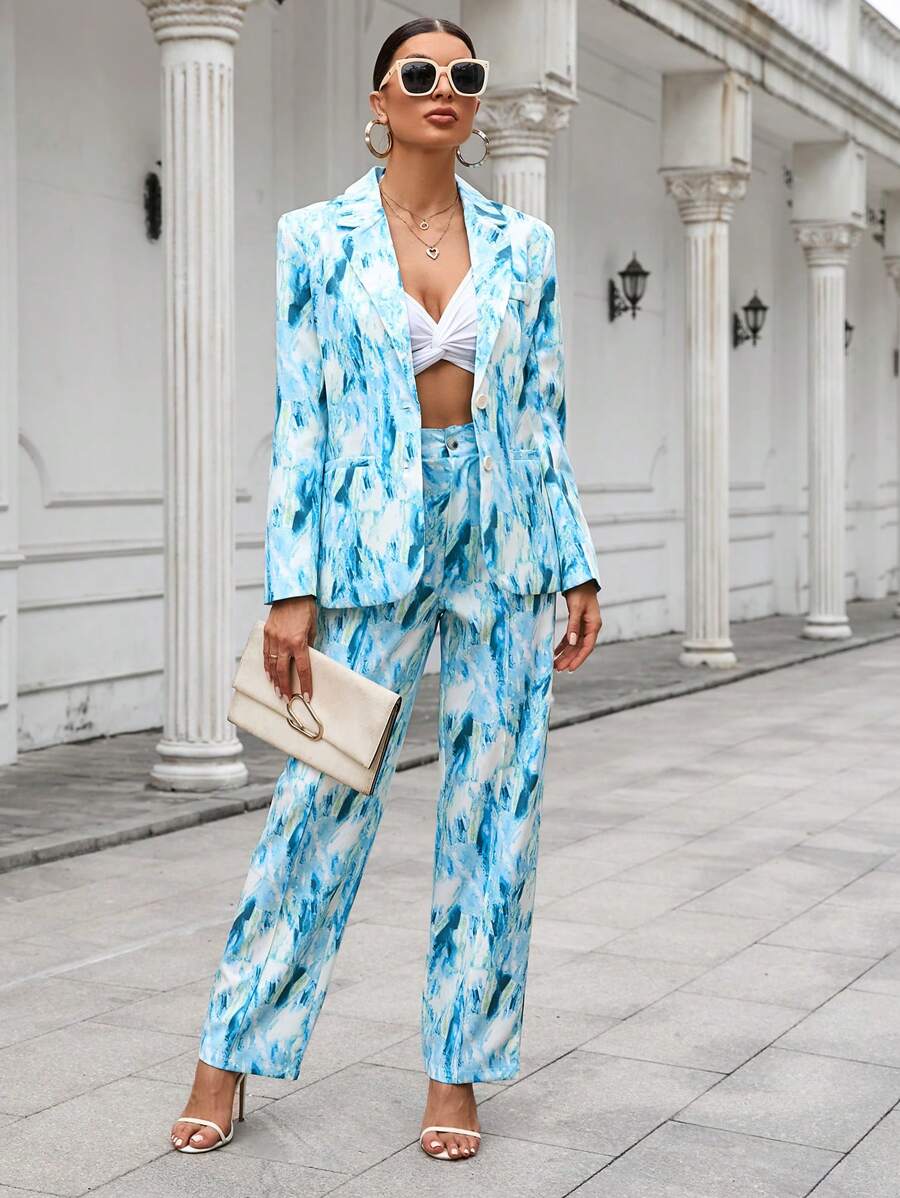 SHEIN Clasi 紮染圖案西裝外套和褲子 - 藍色 - 查看 1