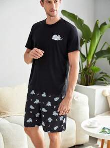 Nam 1 bộ Bộ PJ trang trí họa tiết hoạt hình / Bộ đồ ngủ - màu đen - Xem 6