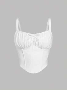 SHEIN Tank Tops & Camis Bé Gái Thắt nơ trước Bất đối xứng Nếp gấp Phần Ngực màu trơn Giải trí - trắng - Xem 1