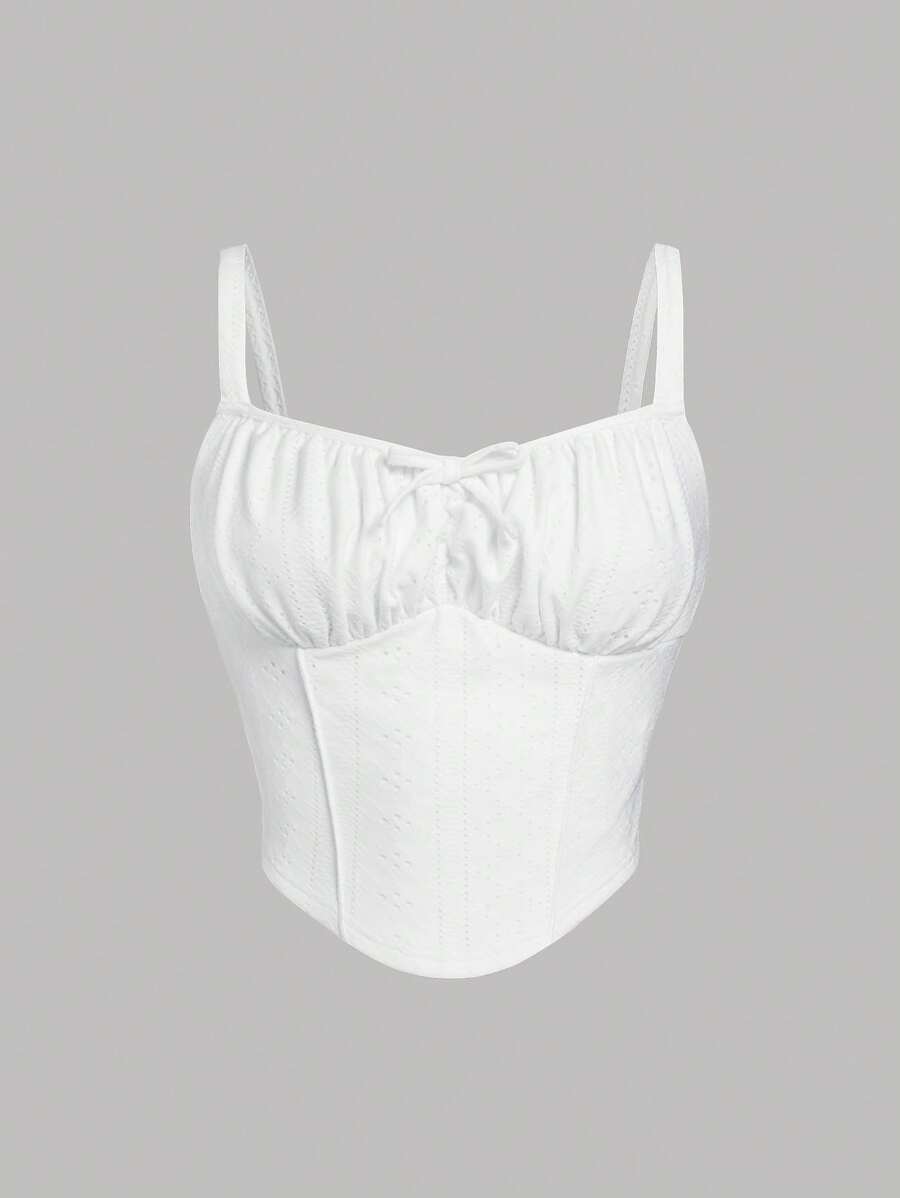 SHEIN Tank Tops & Camis Bé Gái Thắt nơ trước Bất đối xứng Nếp gấp Phần Ngực màu trơn Giải trí - trắng - Xem 1