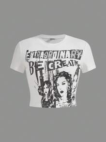 SHEIN ICON Camiseta crop con estampado de figura y letra - Blanco - Ver 1