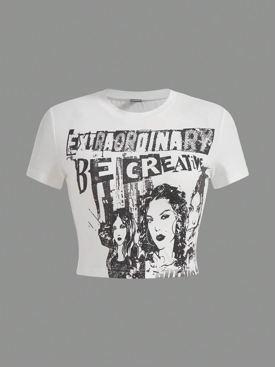 SHEIN ICON Camiseta crop con estampado de figura y letra - Blanco - Ver 1
