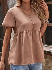 EMERY ROSE Áo sơ mi nữ Viên lá sen Nút phía trước màu trơn Dễ thương - Màu Khaki - Xem 5