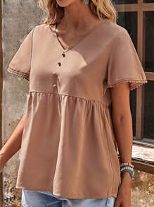 EMERY ROSE Áo sơ mi nữ Viên lá sen Nút phía trước màu trơn Dễ thương - Màu Khaki - Xem 1