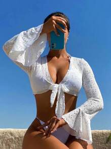 Eyelet Embroidery Flounce Sleeve Knot Front Crop Kimono - White - View 1