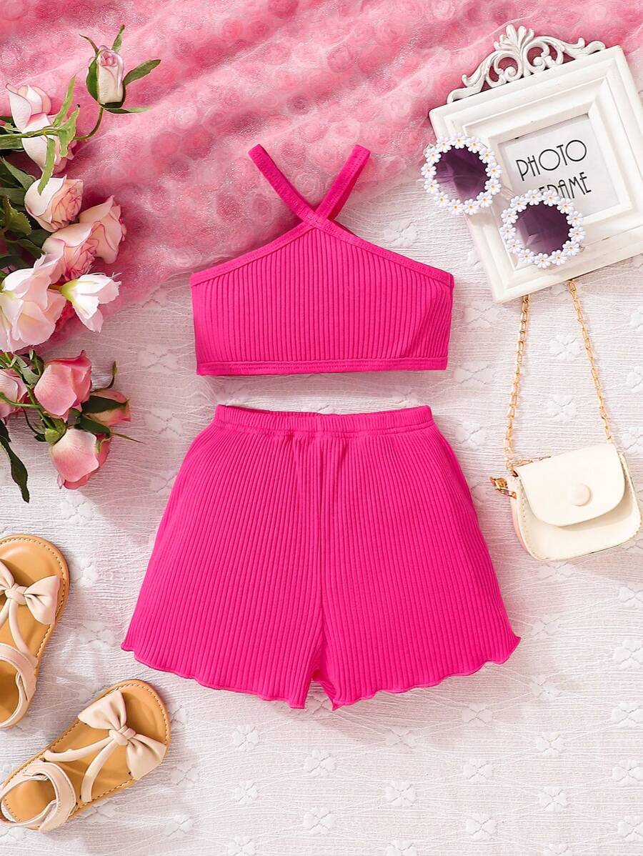 SHEIN Baby Girls' Y2k Style Dopamine Color Scheme Ribbed Camisole Top And Shorts Set With Design Sense, Pink