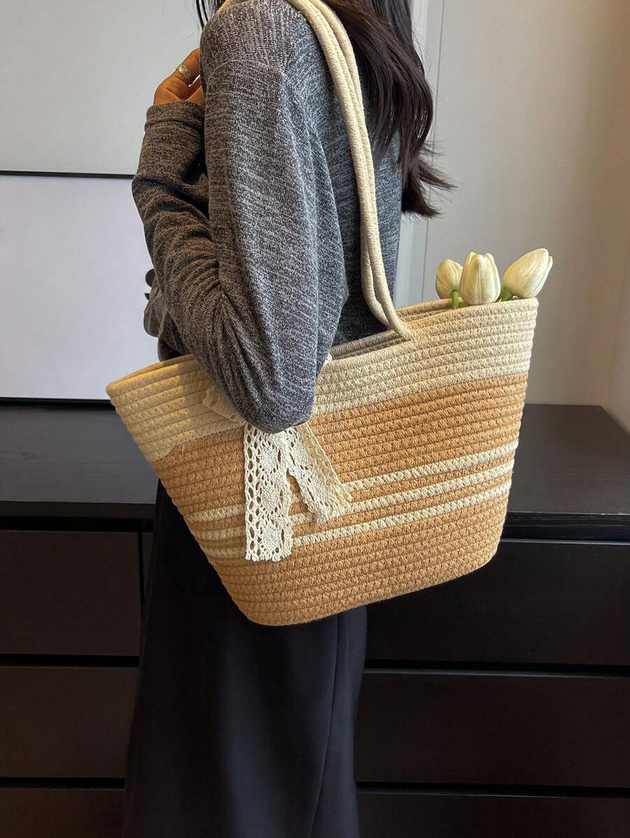 Simple Contrasting Ribbon Decoration Shoulder Bag For Women's Beach Tote Bag - Multicolor - View 1