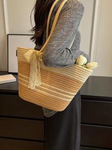 Simple Contrasting Ribbon Decoration Shoulder Bag For Women's Beach Tote Bag - Multicolor - View 2