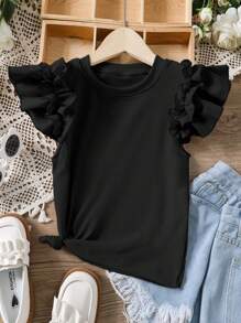 SHEIN Tween Girl Solid Color Round Neck Cap Sleeve Casual T-Shirt - Black - View 3