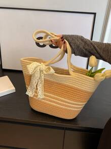 Simple Contrasting Ribbon Decoration Shoulder Bag For Women's Beach Tote Bag - Multicolor - View 4