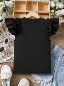 SHEIN Tween Girl Solid Color Round Neck Cap Sleeve Casual T-Shirt - Black - View 4