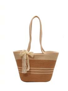 Simple Contrasting Ribbon Decoration Shoulder Bag For Women's Beach Tote Bag - Multicolor - View 6