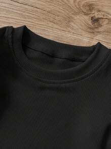 SHEIN Tween Girl Solid Color Round Neck Cap Sleeve Casual T-Shirt - Black - View 6