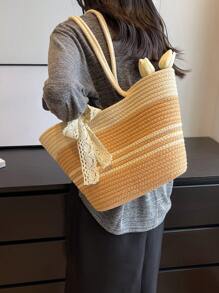 Simple Contrasting Ribbon Decoration Shoulder Bag For Women's Beach Tote Bag - Multicolor - View 8