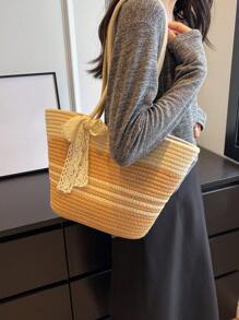 Simple Contrasting Ribbon Decoration Shoulder Bag For Women's Beach Tote Bag - Multicolor - View 9