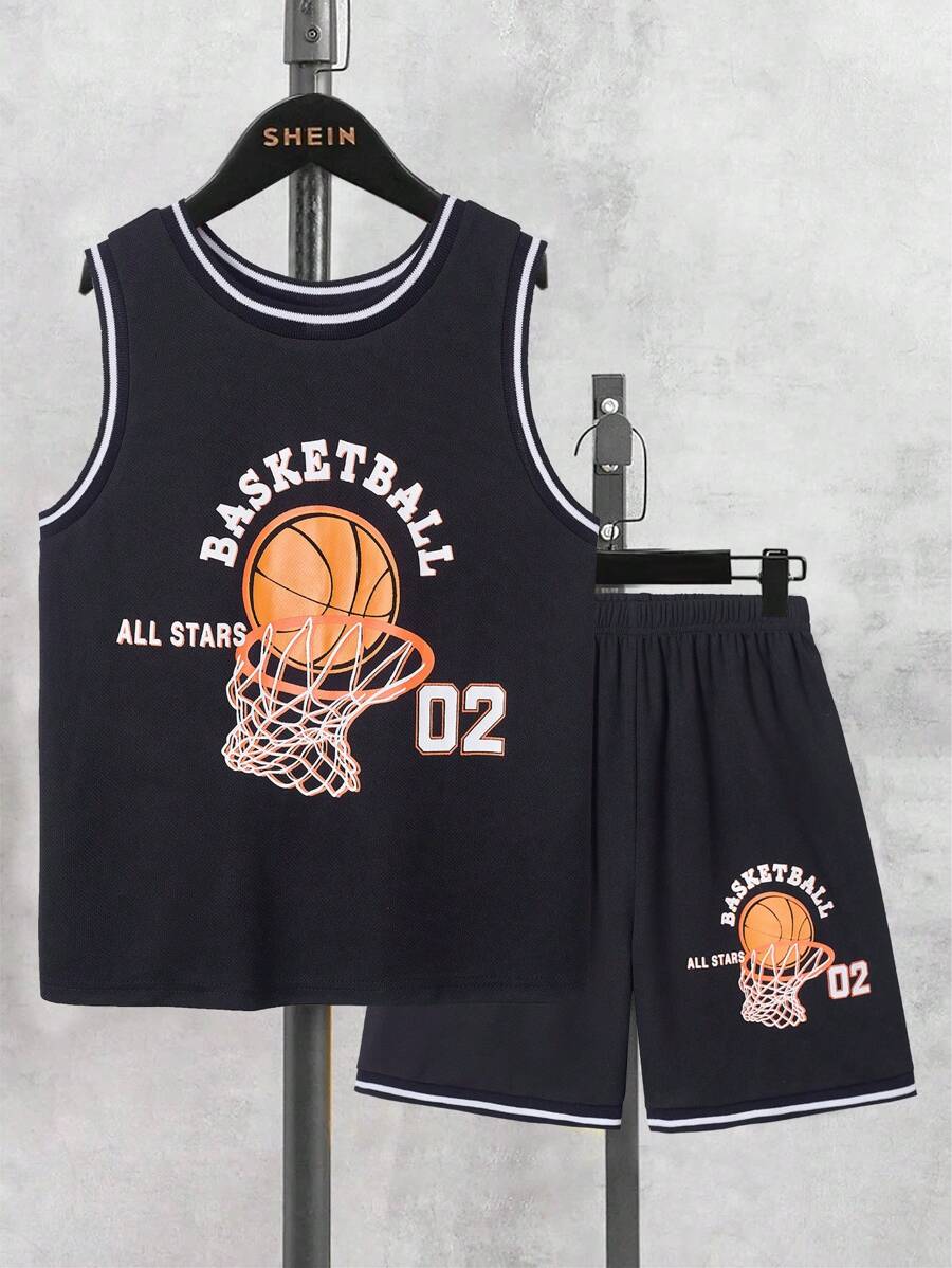 SHEIN Bộ hai mảnh Trai Tương phản ràng buộc Lá thư Sọc Giải trí - màu đen - Xem 1