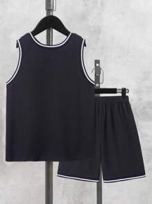 SHEIN Bộ hai mảnh Trai Tương phản ràng buộc Lá thư Sọc Giải trí - màu đen - Xem 2