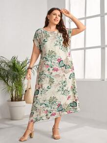 EMERY ROSE Vestido túnico con estampado tropical de manga murciélago - Multicolor - Ver 5