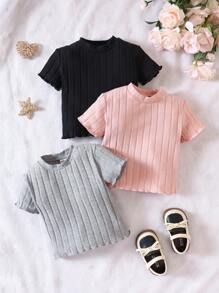 SHEIN Baby Girl 3pcs Lettuce Trim Ribbed Knit Tee - Multicolor - View 1