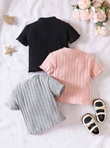 SHEIN Baby Girl 3pcs Lettuce Trim Ribbed Knit Tee - Multicolor - View 2