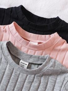 SHEIN Baby Girl 3pcs Lettuce Trim Ribbed Knit Tee - Multicolor - View 3