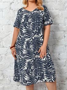EMERY ROSE Plus Tropical Print V Neck Dress - Blue and White - View 5