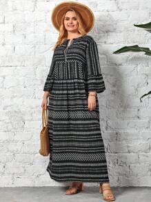 EMERY ROSE Plus Geo & Striped Print Frill Trim Flounce Sleeve Dress - Multicolor - View 5