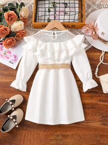Toddler Girls Contrast Lace Ruffle Trim Flounce Sleeve Dress - White - View 2