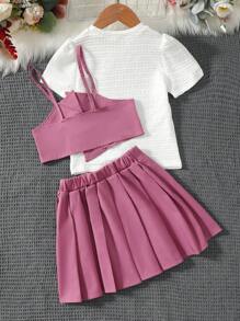 Toddler Girls Solid Tee & Asymmetrical Cami Top & Pleated Skirt Set - Multicolor - View 2