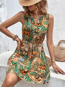 SHEIN VCAY 滿版印花缺口領繫腰帶連衣裙 - 彩色 - 查看 4