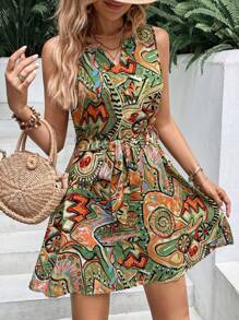 SHEIN VCAY 滿版印花缺口領繫腰帶連衣裙 - 彩色 - 查看 3