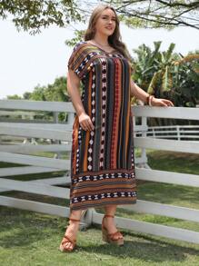 EMERY ROSE 大碼幾何印花蝙蝠袖直筒連衣裙 - 彩色 - 查看 6