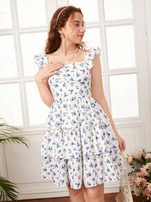 SHEIN Girlism Teen Girls Ditsy Floral Print Ruffle Trim Ruched Bust Two Layer Hem Dress Holiday Outfits - Multicolor - View 7