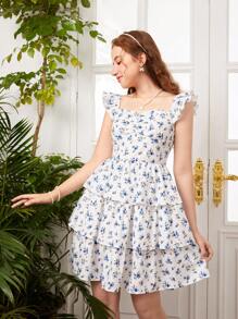 SHEIN Girlism Teen Girls Ditsy Floral Print Ruffle Trim Ruched Bust Two Layer Hem Dress Holiday Outfits - Multicolor - View 3